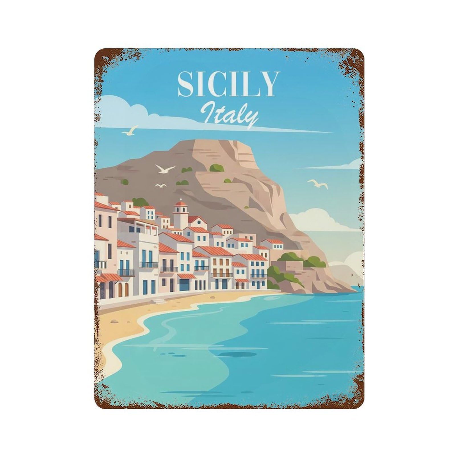 Decorative Tin Sign Sicily, Italy Coastal Town 15.7"x11.8", Vintage Wall Decor for Pub, Kitchen And Man Cave Decor