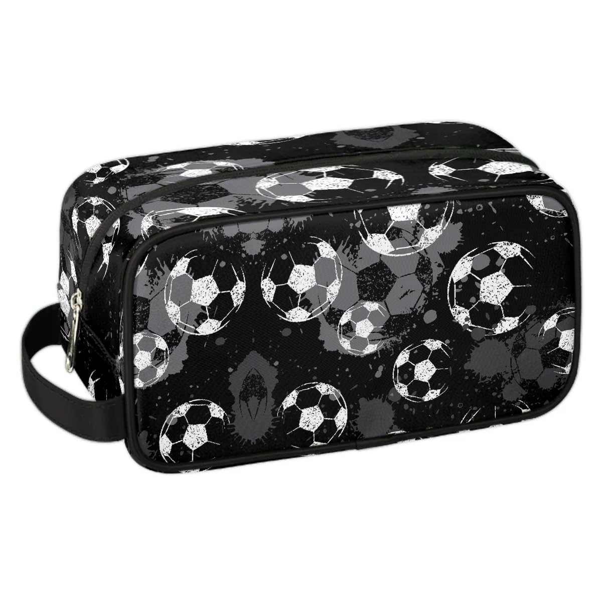 LOMBARDIDEN Black Soccer Travel Toiletry Bag for Boys Men, Football Hanging Wash Bag for Kids, Waterproof Shaving Bag for Toiletries Accessories