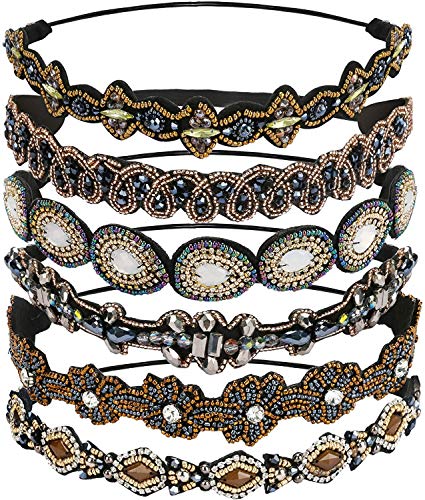 Globalstore 6 Pcs Rhinestone Headband for Women, Fashionable Handmade Crystal Diamond Beaded Elastic Hairbands Lady Women Girls Vintage Jewelry Hair Accessories for Mothers Day Gifts, 10-13.3" (1)