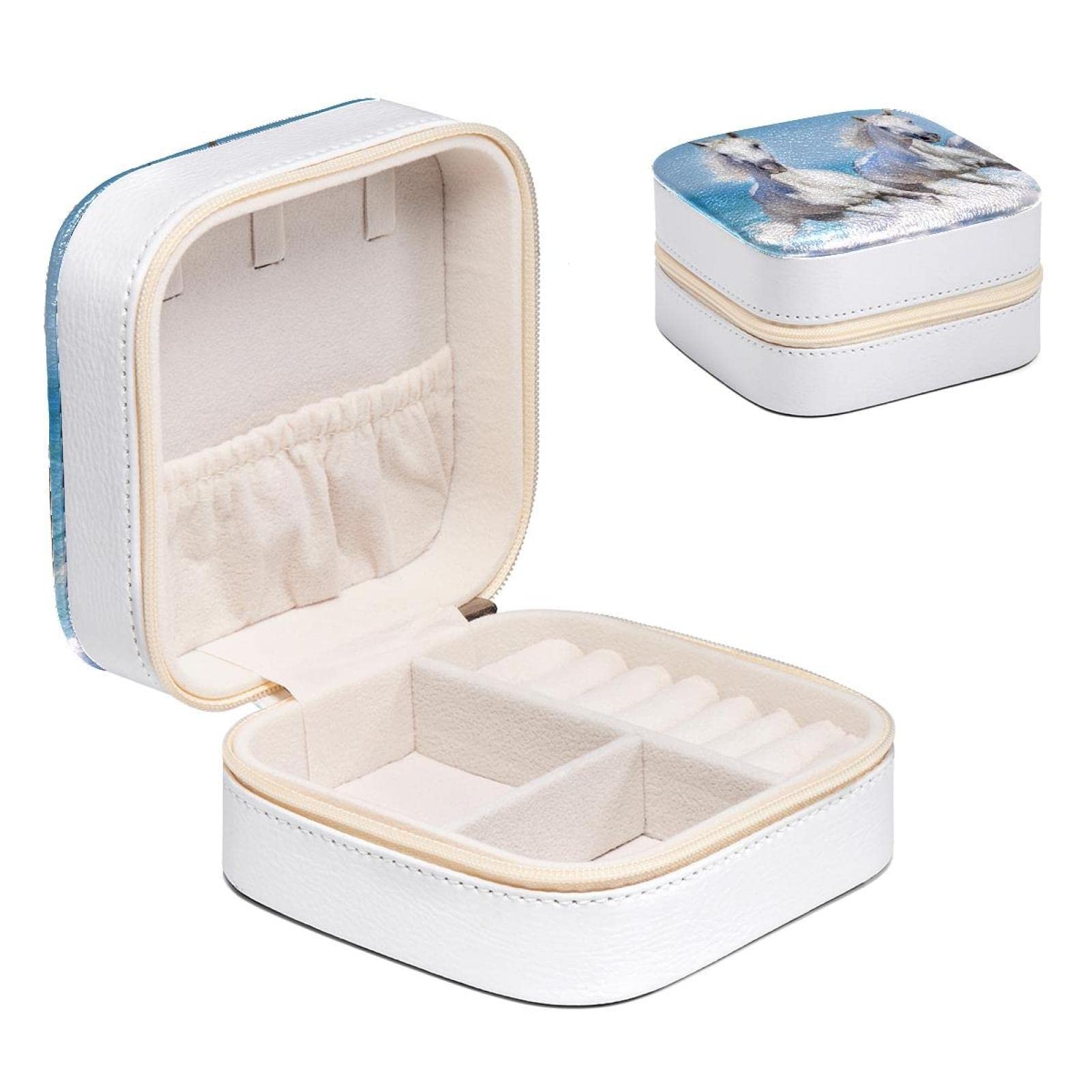 Boîte à bijoux pour boucles d'oreille et bagues, organisateur chevaux blancs 10.5 cm