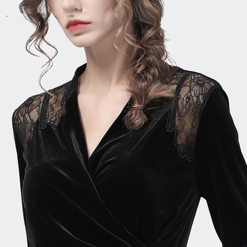 Blusa de Terciopelo Negro con Cuello en V de Estilo francés para Mujer, Camisetas con Parte Inferior Hueca de Encaje Bordado con Hombros Descubiertos (Negro XL)