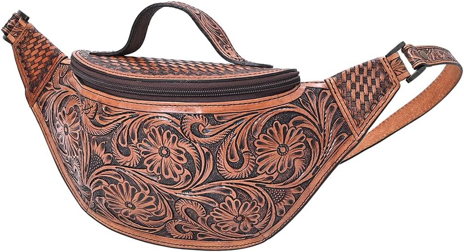 American Darling Fanny Pack Hand Tooled Floral Carved Basket Weave Genuine Leather Western Waist Bag