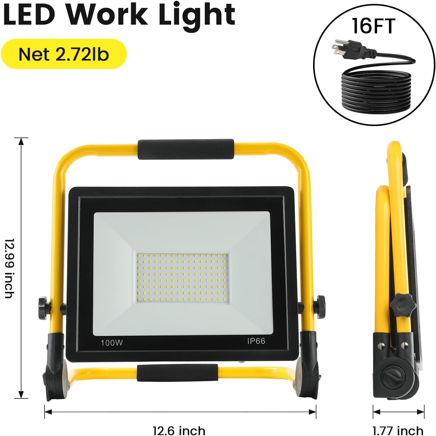 10000 LM 100W LED Work Light with 16.4FT Cord, Portable Job Site Lighting for Workshop Garage Construction Site, Aluminum IP66 Waterproof Flood Light Outdoor/Indoor Work Lamp
