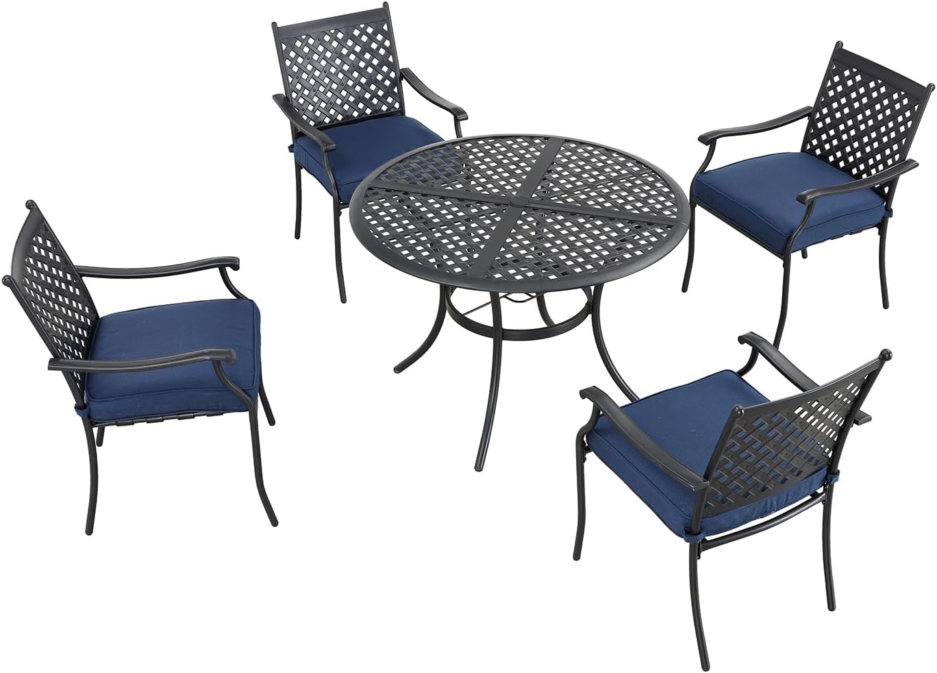 Festival Depot 5 Piece Patio Dining Set Metal Chairs with Seat Cushions and Round Iron Table with Umbrella Hole All Weather Outdoor Furniture for Bistro Deck Garden (Blue)