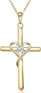 AmorAime 925 Sterling Silver Cross Necklace for Women Men 14K Gold Plated 5A CZ