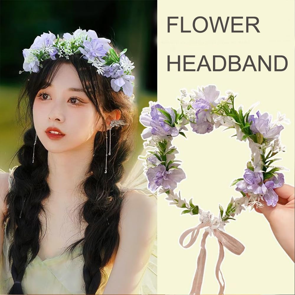 AHONEY Purple Flower Crown for Women Girls Floral Headband Rapunzel Hair Flowers Fairy Flower Girl Headpiece Wedding Wreath Hair Accessories - Image 5