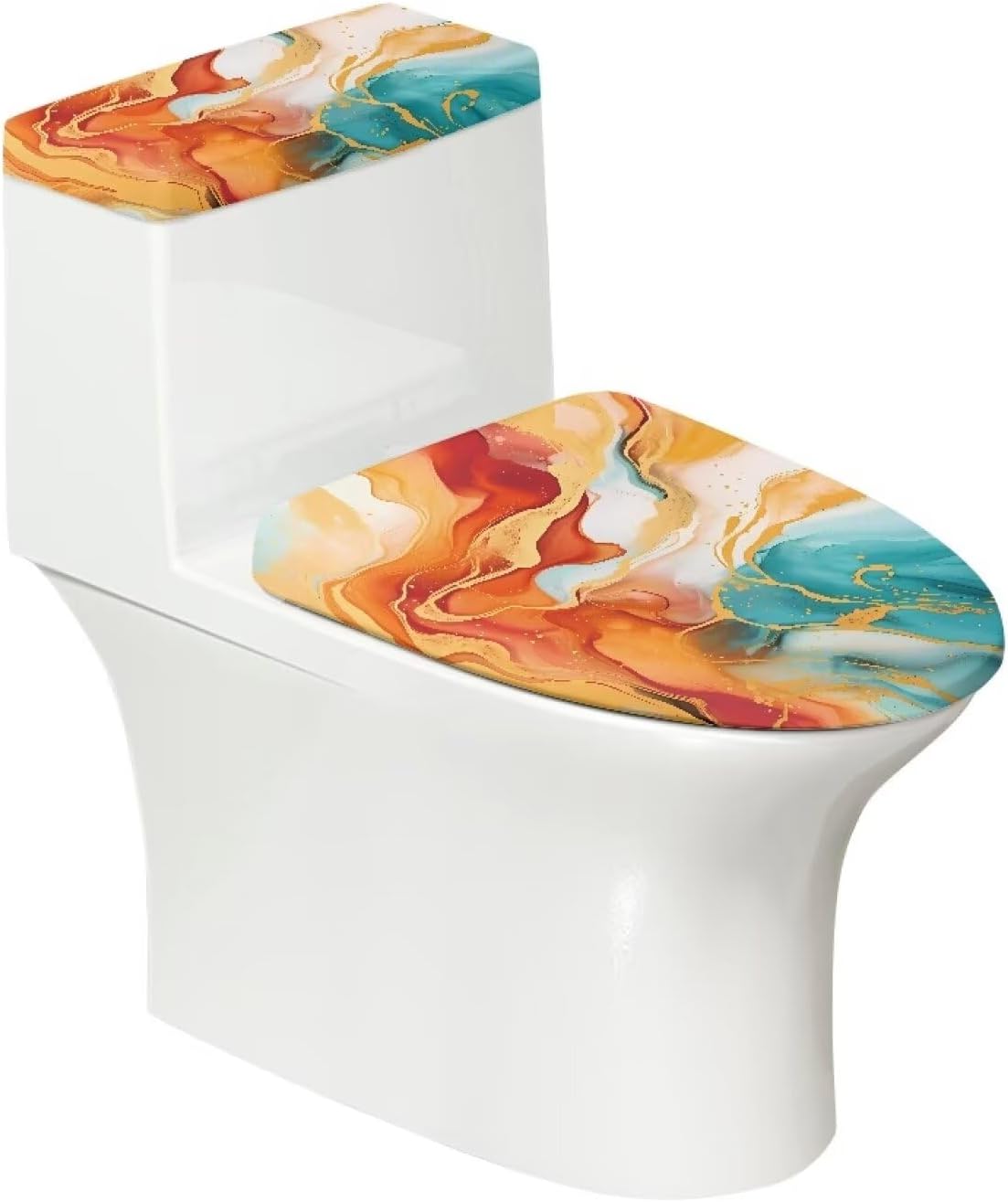 Orange Teal Marble Toilet Lid Tank Cover 2 Set Covers for Bathroom Round Seat Toilet Set Quiet Close Piece