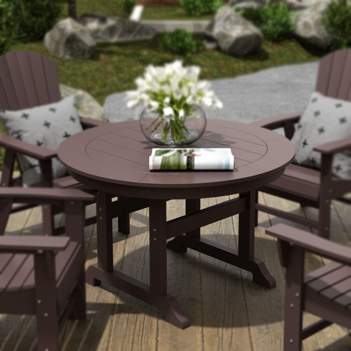 WestinTrends Malibu Patio Dining Table, All Weather Poly Lumber Adirondack 47" Trestle Round Outdoor Table with Umbrella Hole, Dark Brown