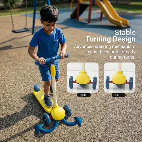Image of Baybee Rydon Kids Scooter with 3 Height Adjustments | Portable Kick Scooter with PU LED Lights & Rear Brake | 3 Wheel Skating Scooter | Runner Scooter for Kids 2 to 10 Years Boys Girls (Yellow)