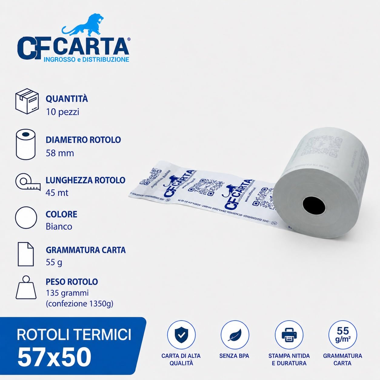 50 rotoli termici per cassa 57x50, rotoli omologati per scontrini misura 57mm x 50metri di lunghezza, CF CARTA