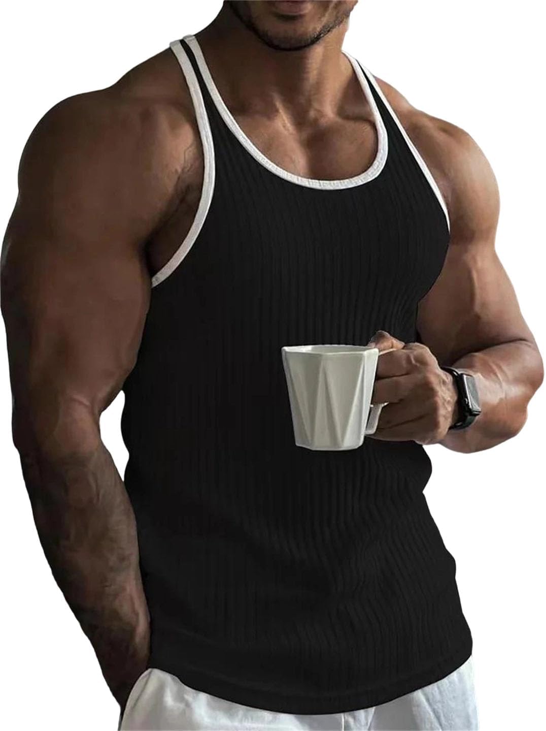 Men Tank Tops Stripe Breathable Sleeveless Gym Running Fitness Casual Vest