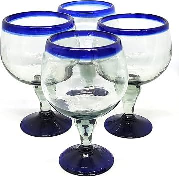 Cobalt Blue Rim 24 oz Shrimp Cocktail Chabela Glasses set of 4, Mexican Handmade Glassware, Recycled Glass, Lead-free, Toxin-Free Chabela
