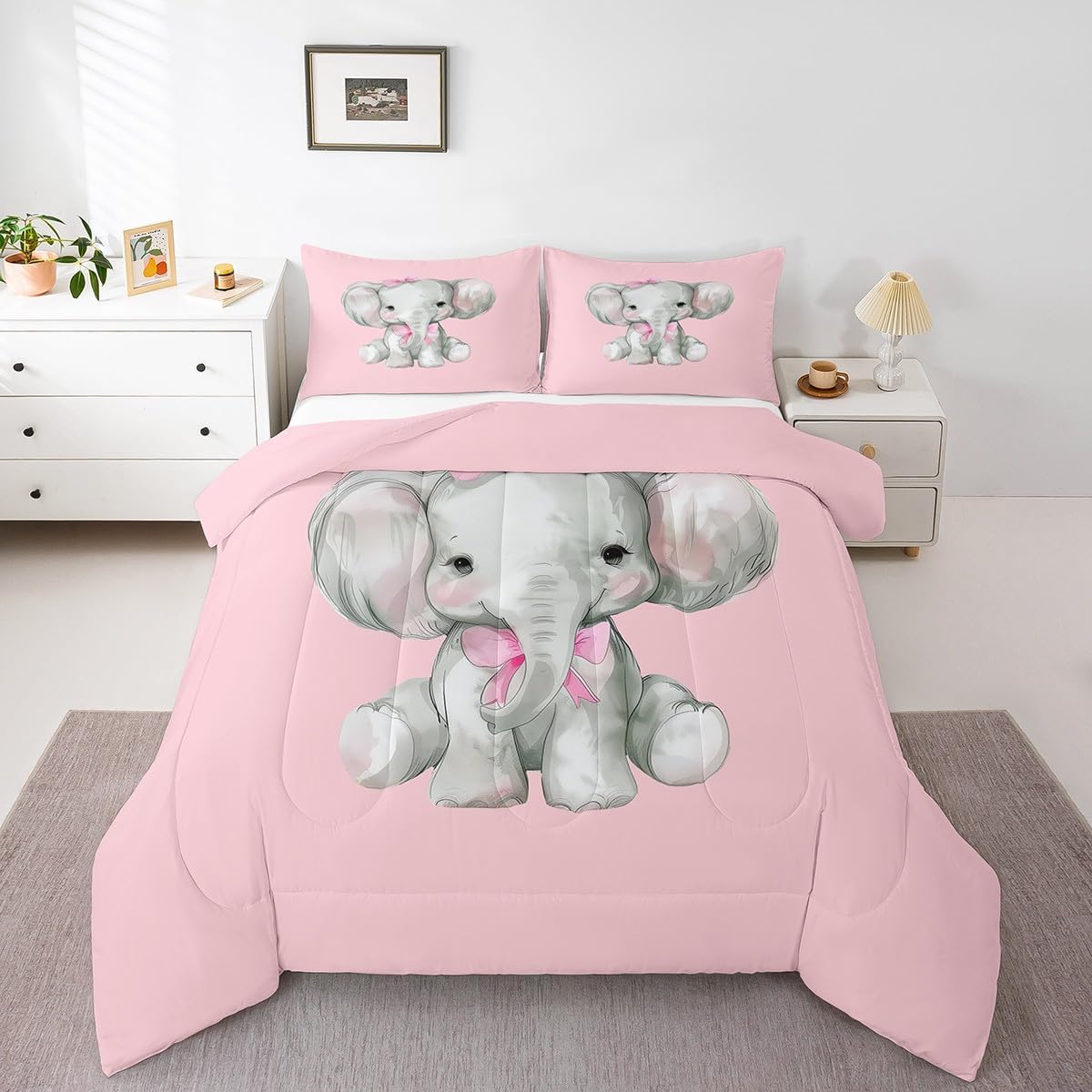 Castle Fairy Little Elephant Kids Comforter Sets Toddler Size,Kawaii Girls Aniamls Bedding Comforter Sets,Watercolor Animal Theme Quilt Sets,Girls Women Pink Print Duvet Insert with 1 Pillowcase
