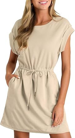 BLENCOT Womens Casual Spring Summer Drawstring Mini Dress Knit Patch Color Short Sleeve Crewneck Shirt Dress with Pockets