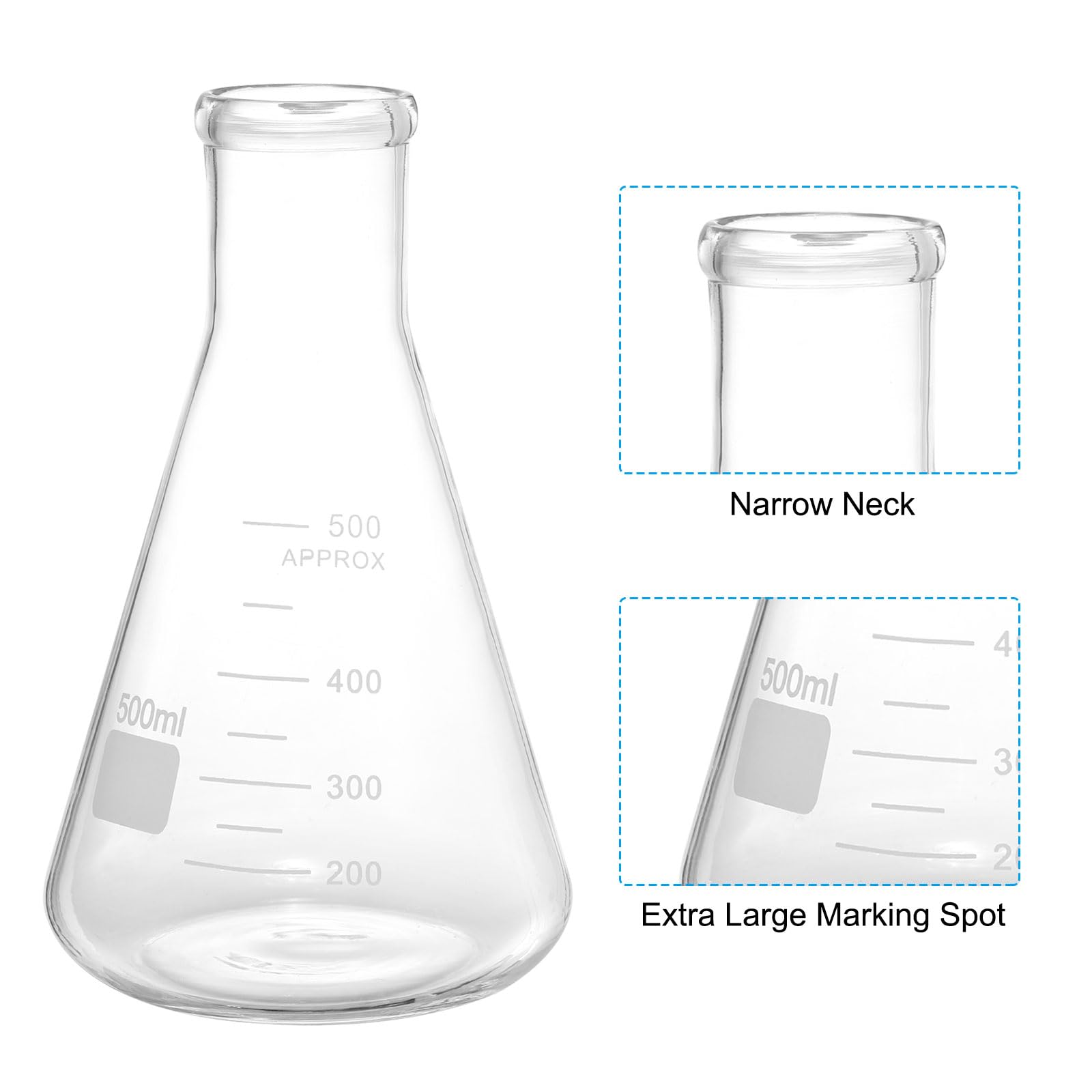 PATIKIL Erlenmeyer-Kolben, 4 Stück 500 ml Schmale Mundgraduierte Kolben aus Borosilikatglas mit aufgedruckter Graduierung für Labor, Experiment, Chemie, Wissenschaftsstudium
