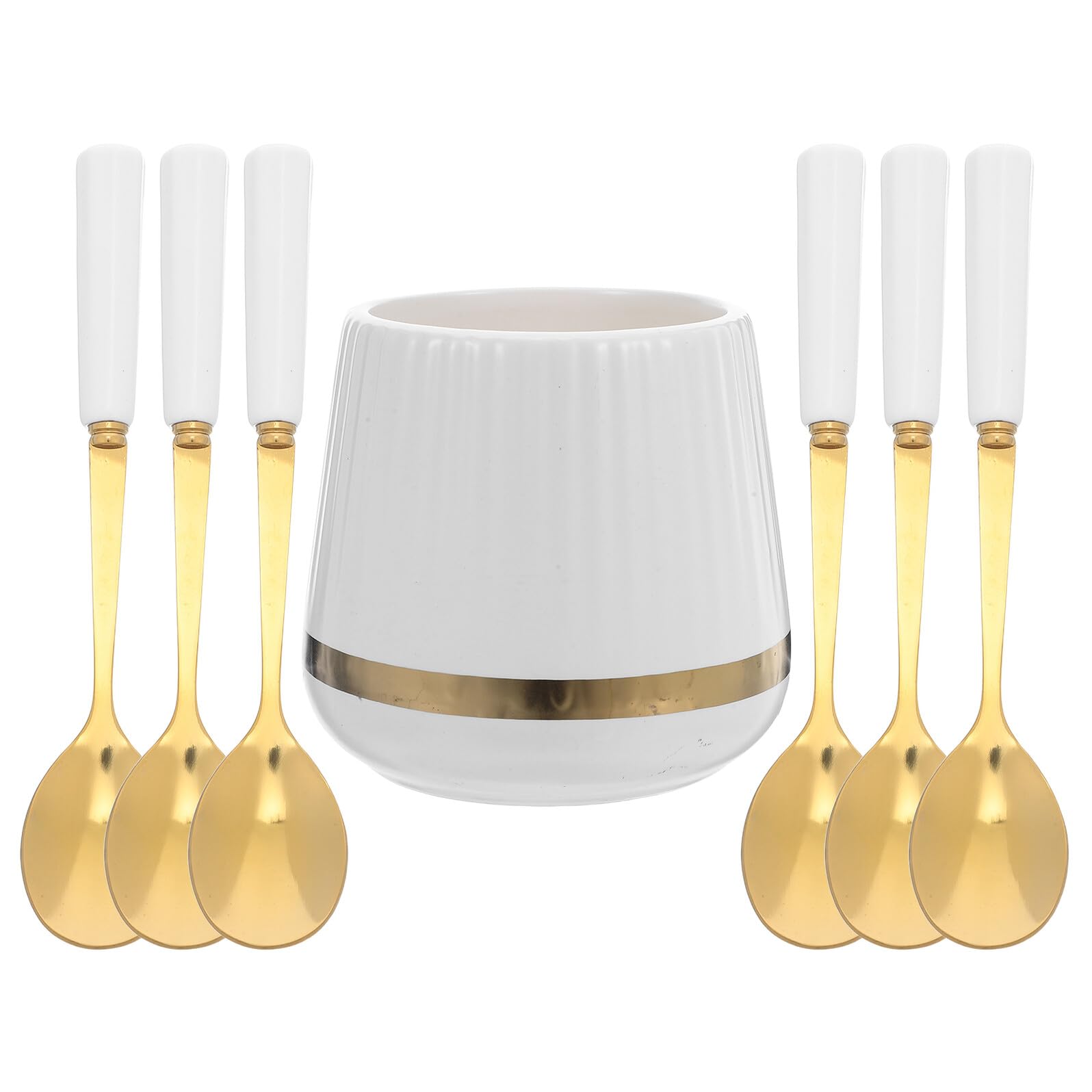 Ensemble porte-cuillères en céramique blanc et platine avec 6 petites cuillères à dessert