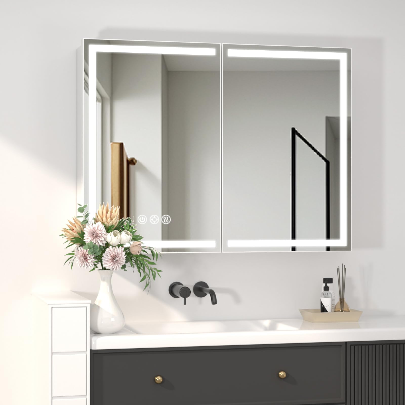 Photo 1 of Vevyzxc LED Bathroom Medicine Cabinet Mirror with Lights, 36'' x 26'' Aluminum Frame with Sockets & USBs, Anti-Fog Dimmable Light and Color Adjustment, Sliver