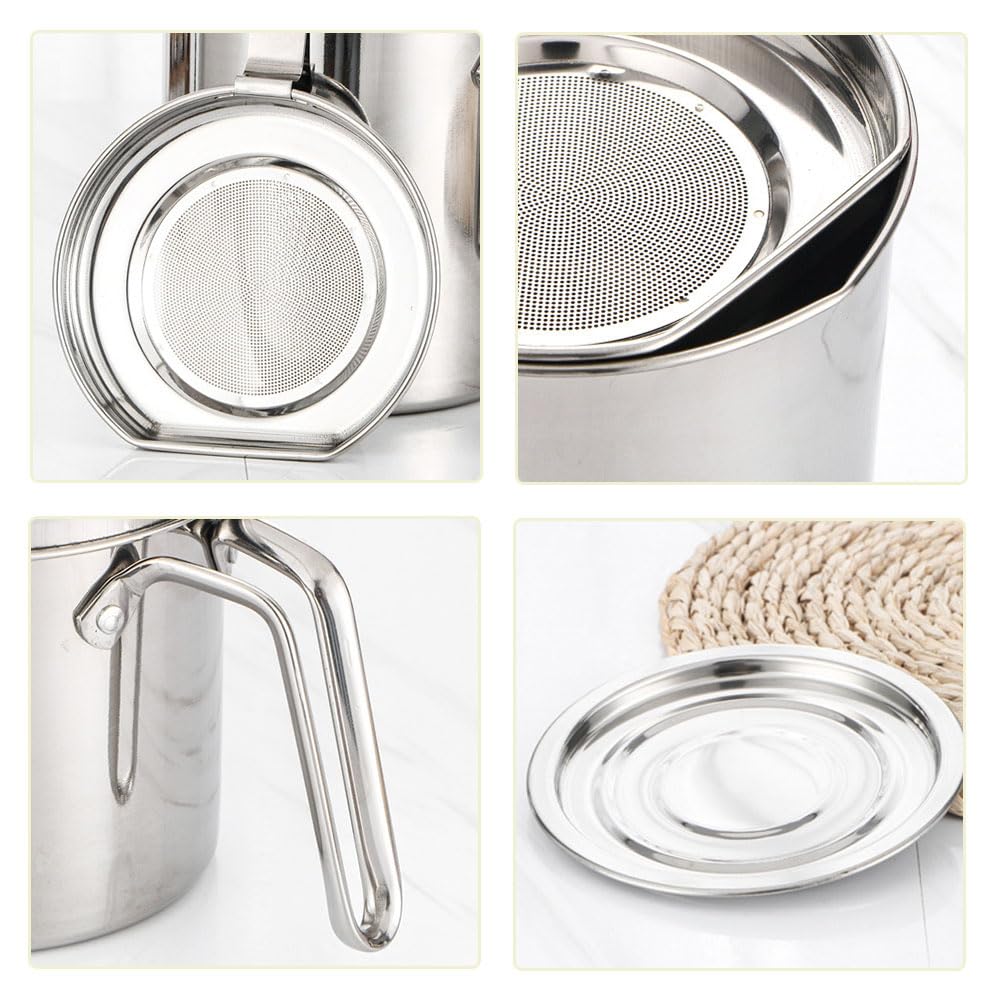 Filtro dell'olio in acciaio inox con colino per cucina, contenitore per grasso per pancetta con coperchio antipolvere, adatto per conservare olio per friggere e grassi da cucina (dimensioni: 1,7 L)