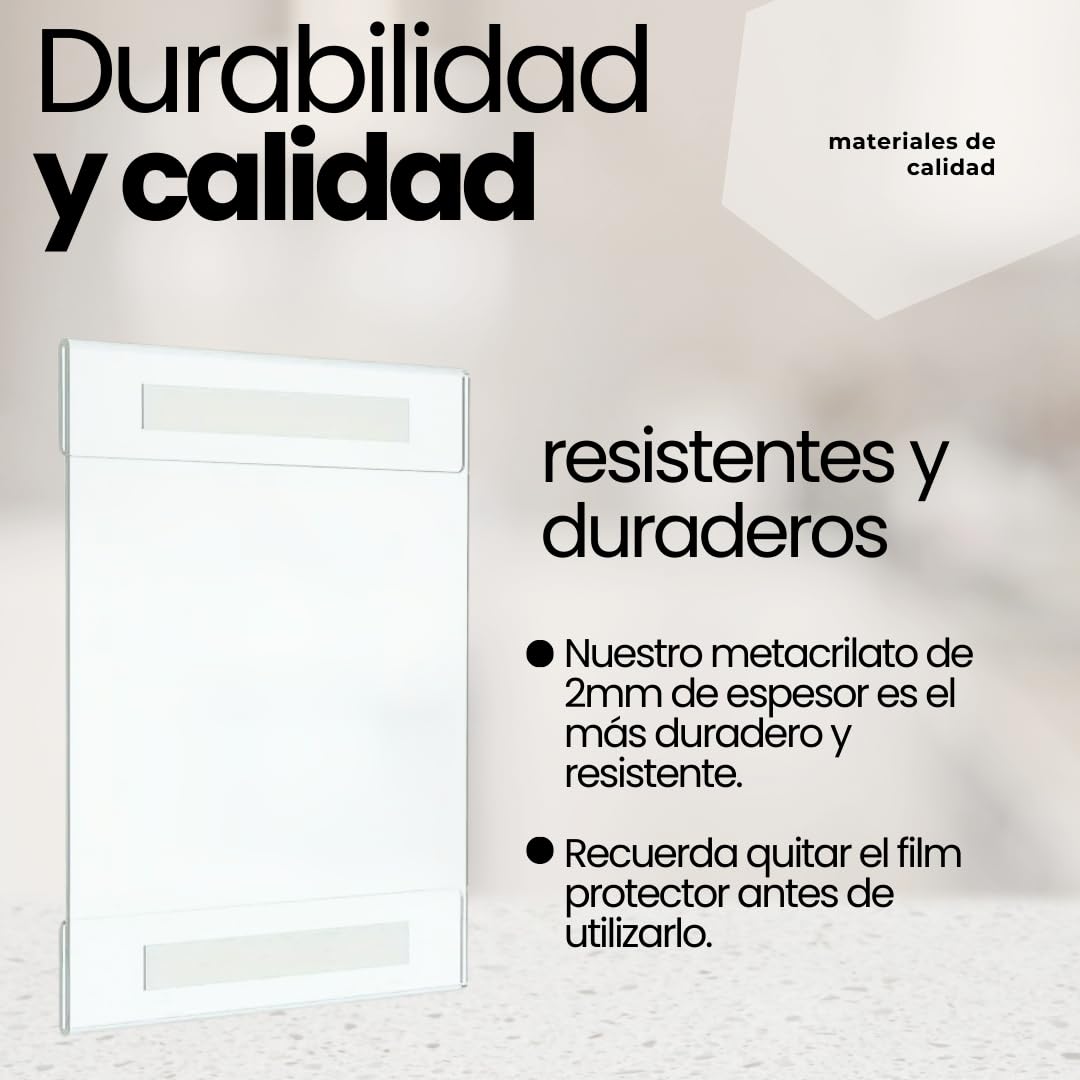 Expositor metacrilato A4 de pared, pack 3 unidades, soporte acrílico para carteles A4 con cinta doble cara, porta documentos, marco de acrílico, portafolios transparente.