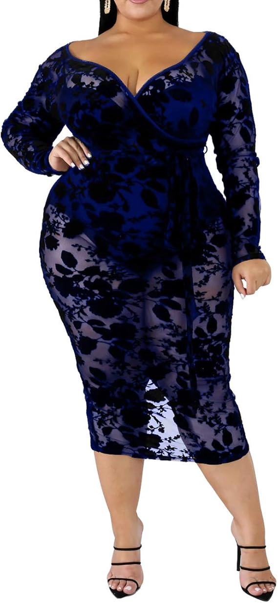 Amazon Co Jp Iymoo レディース セクシー メッシュ レース シースルー ボディコン クラブウェア ドレス ファッション パーティードレス Us サイズ 6x Large カラー ブルー 服 ファッション小物