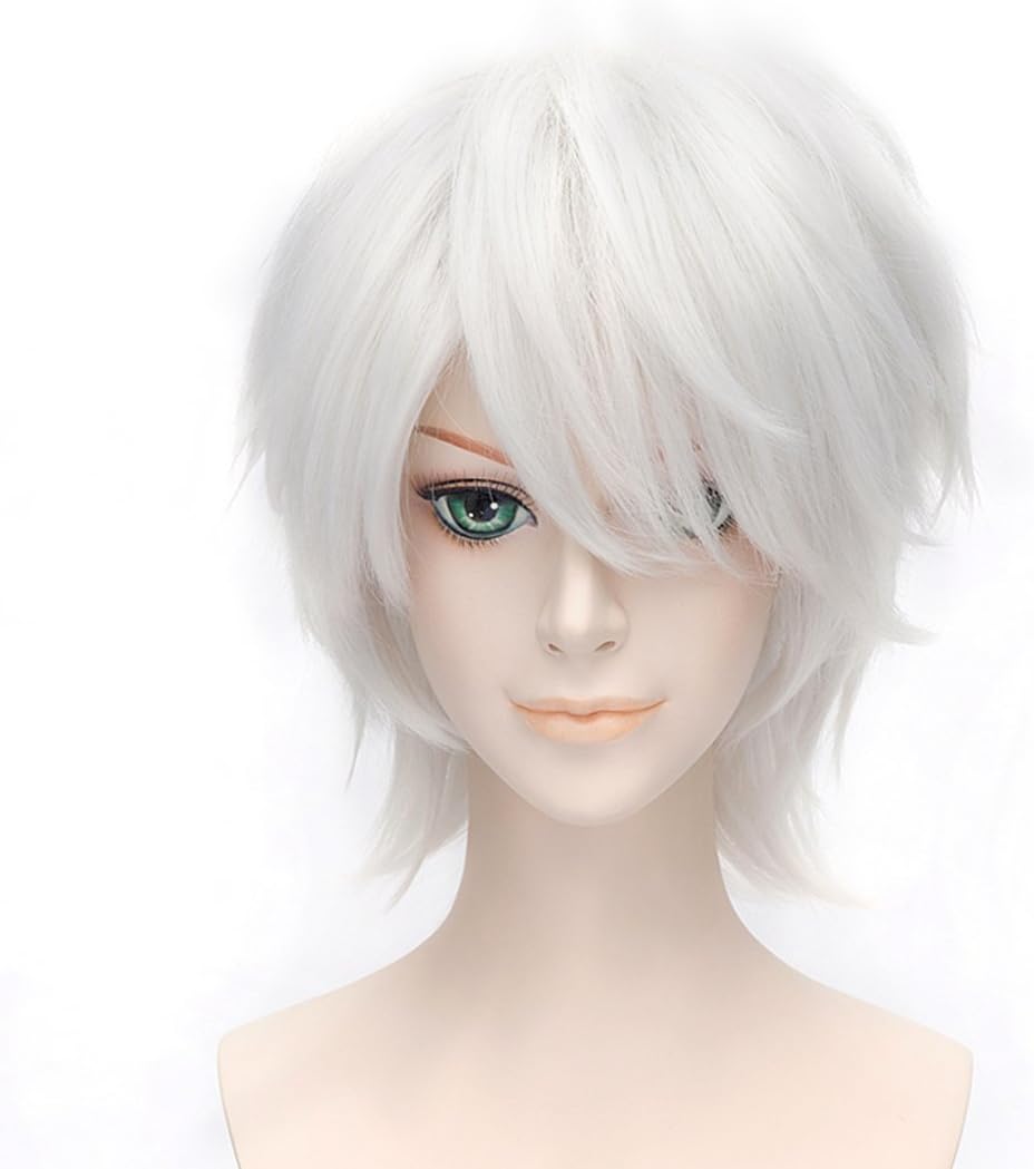 Alacos Unisex Short Spiky Silver Wig Natural Soft Sexy Daily Party Costumes Synthetic Anime Cosplay Wig + Free Wig Cap (Silver White)