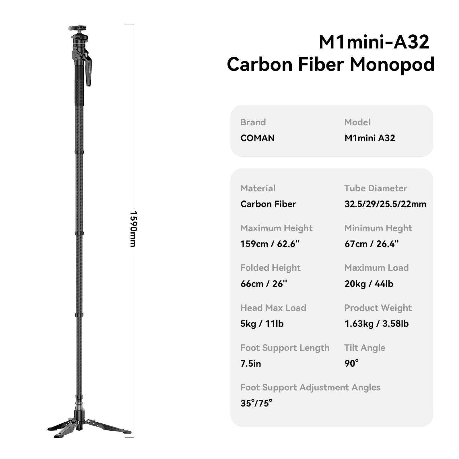 COMAN One-Touch Carbonfaser-Einbeinstativ,Leichtes Reisekamera-Monopod, Es Verfügt über Einen Neigbaren U-förmigen Fuß, Abnehmbare Beine und Einen Kugelkopf mit Einer Maximalen Tragkraft 5kg