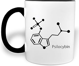 Psilocybin Molecule Mushroom Diagram - Black Handled 11 Ounce Ceramic Coffee Mug Teacup
