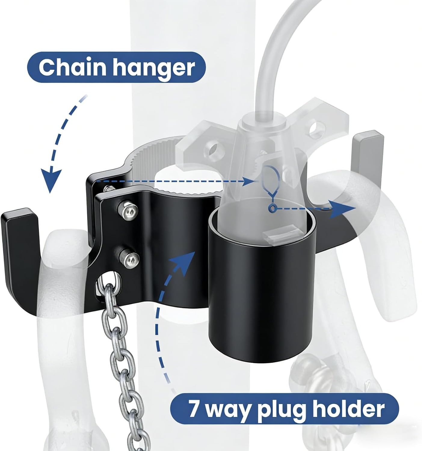 Aluminum Trailer Towing Chain Organizer - 7-Way Plug Holder, Upside Down Trailer Chain Holder, Heavy Duty Tongue Jack Chain Holder for 2" & 2-1/4" Jacks, Rust-Proof for RV Camper Trailer (2PCS)