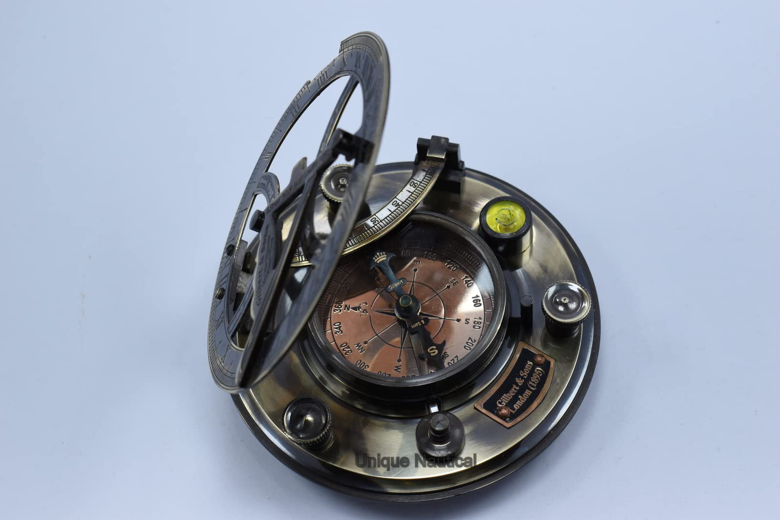 Horloge à cadran solaire en laiton massif de 12,7 cm avec boussole gravée unique