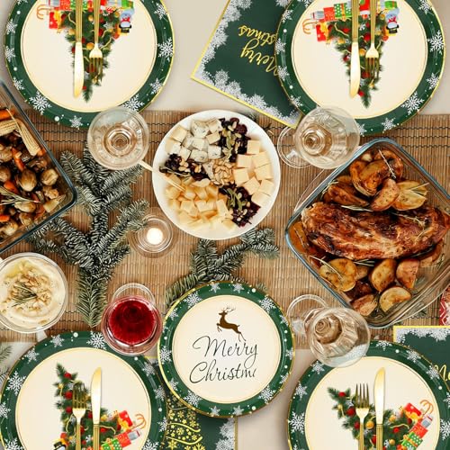 Christmas Paper Plates and Napkins for 50 Guests, 9’’ Disposable Plates, 7’’ Dessert Plates with Gold Xmas Tree Snowflakes, 200Pcs Christmas Party Supplies Tableware Set Winter Party Decorations – Image 7