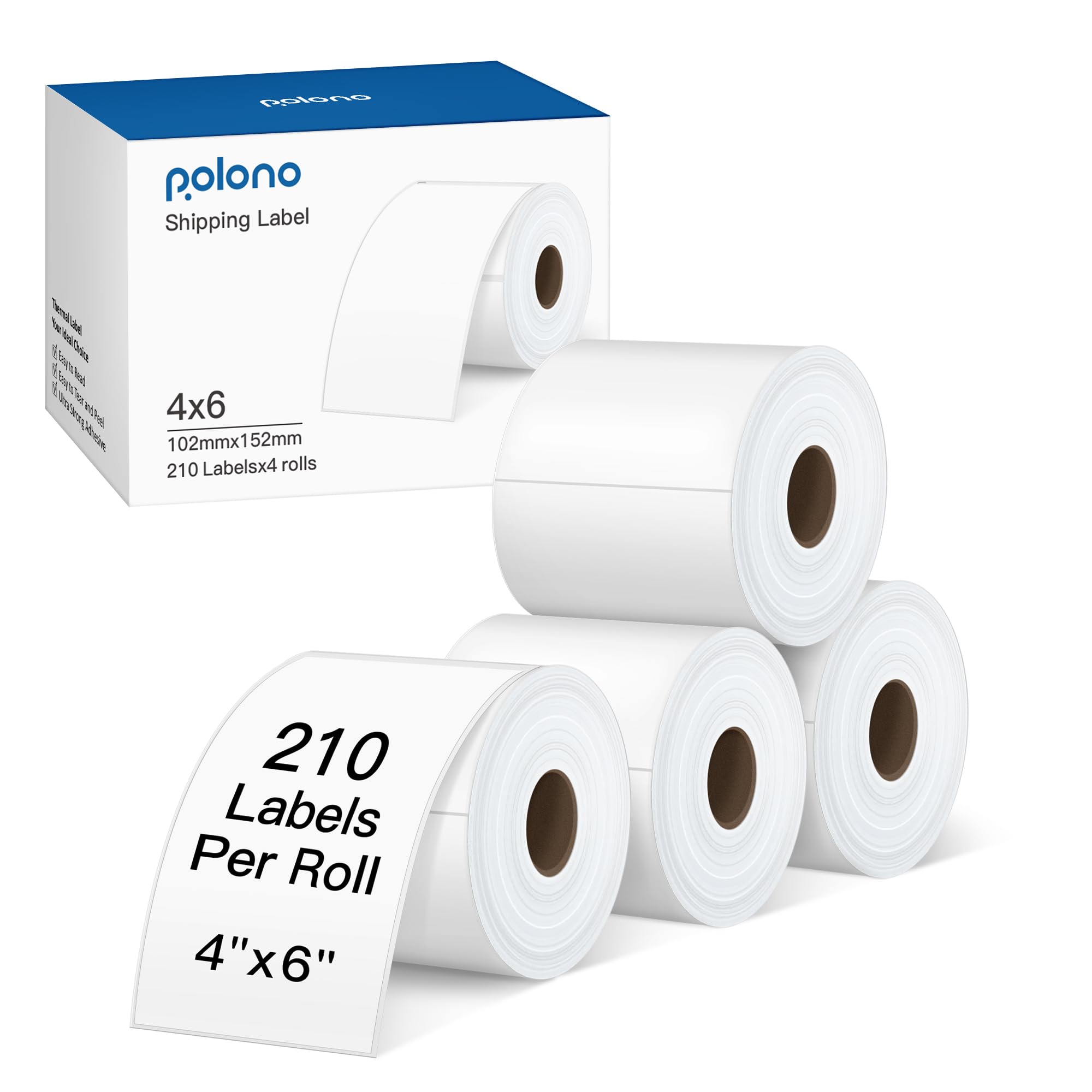 POLONO Genuine 4"x6" Direct Thermal Shipping Labels, Perforated Postage Thermal Shipping Labels Compatible with POLONO PL60 Label Printer, Permanent Adhesive, Commercial Grade, 840 Labels/4 Roll