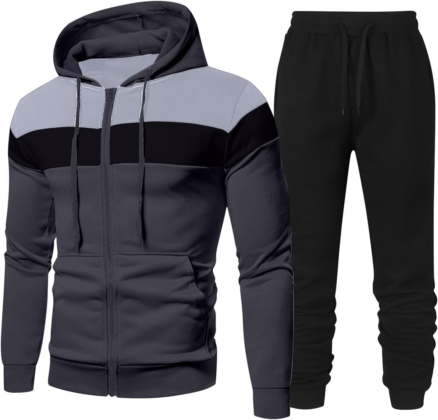Men’s Tracksuit Full Set Patchwork Hoodie Top Drawstring Bottoms Joggers 2 Piece Sets Lightweight Active Sweatsuit Hoody Cardigan Jacket & Running Joggers Outfit for Outing, Athletic