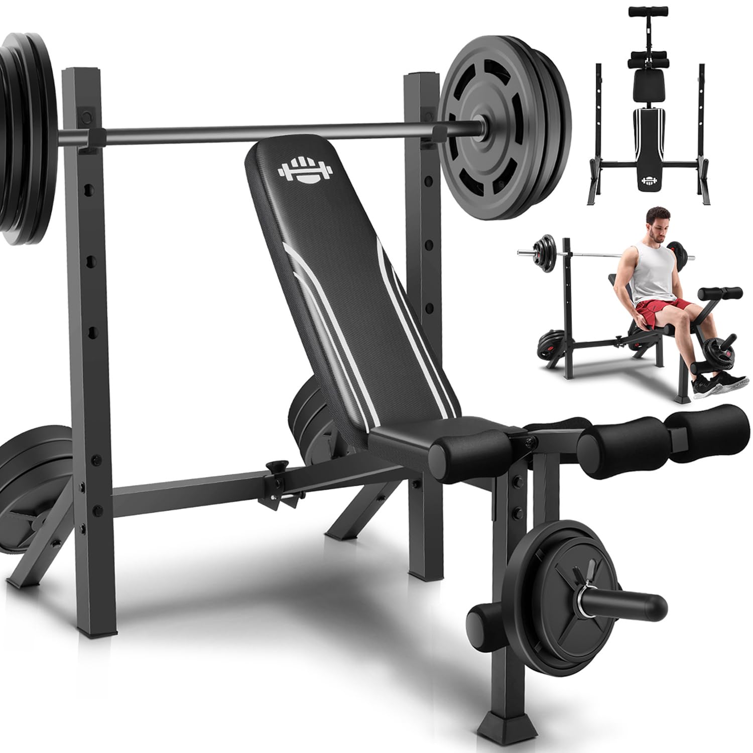 900LBS Weight Bench Set with Squat Rack, Adjustable Bench Press Set with Leg Extension and Leg Curl, Flat Incline Decline Workout Bench for Home Gym Full Body Strength Training