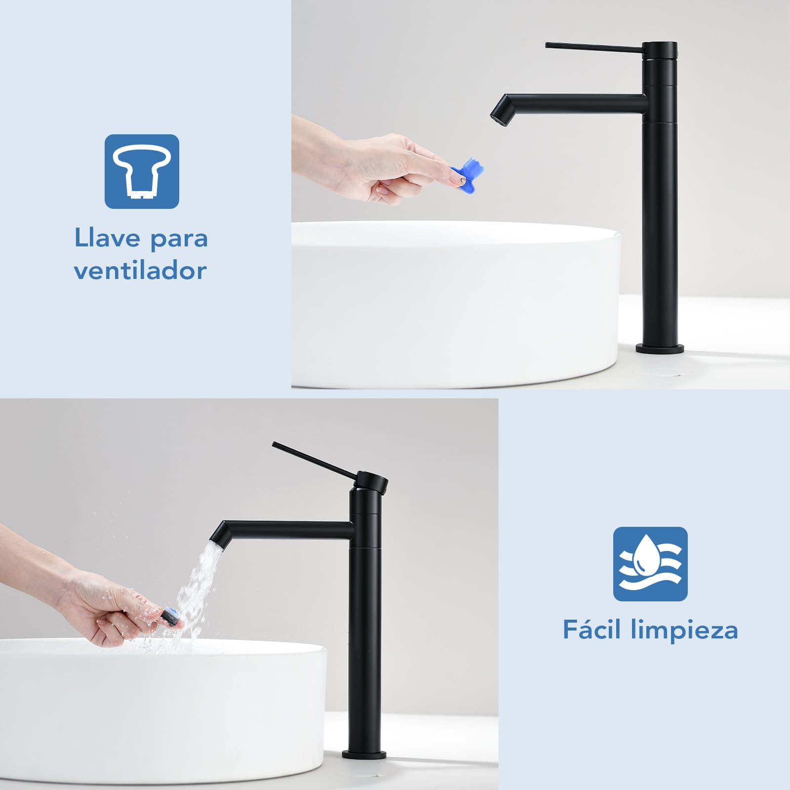 Grifo de Lavabo Elevado, Grifo de Baño 222 MM, con Aireador Extraíble y Cartucho Cerámico, Giro de 360°, Mezclador de un Solo Mango para el Lavabo del Baño, para Lavabos Elevados de Baño, Negro
