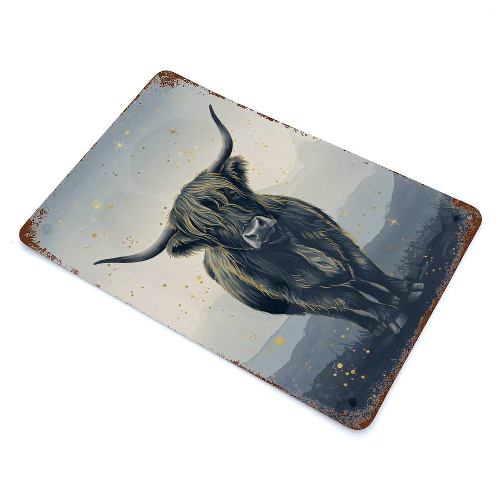 Garage Style Highland Cow Watercolor with Gold Accents Aged Metal Wall Plaque 11.8"x7.9", Farmhouse Wall Decor for Bar And Workshop