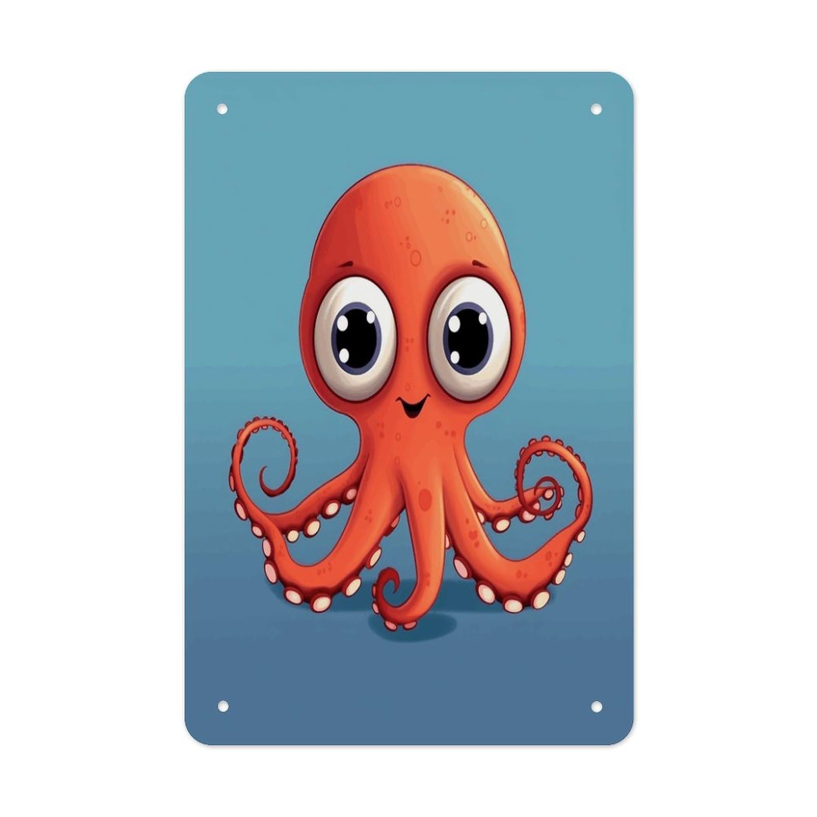 Big-eyed Red Octopus Metal Tin Sign Wall Decor Funny Retro Sign Weatherproof Metal Wall Art for Indoor Or Outdoor Retro Tin Signs for Kitchen Office Home Bar Decor 11.8 X 7.9 Inch