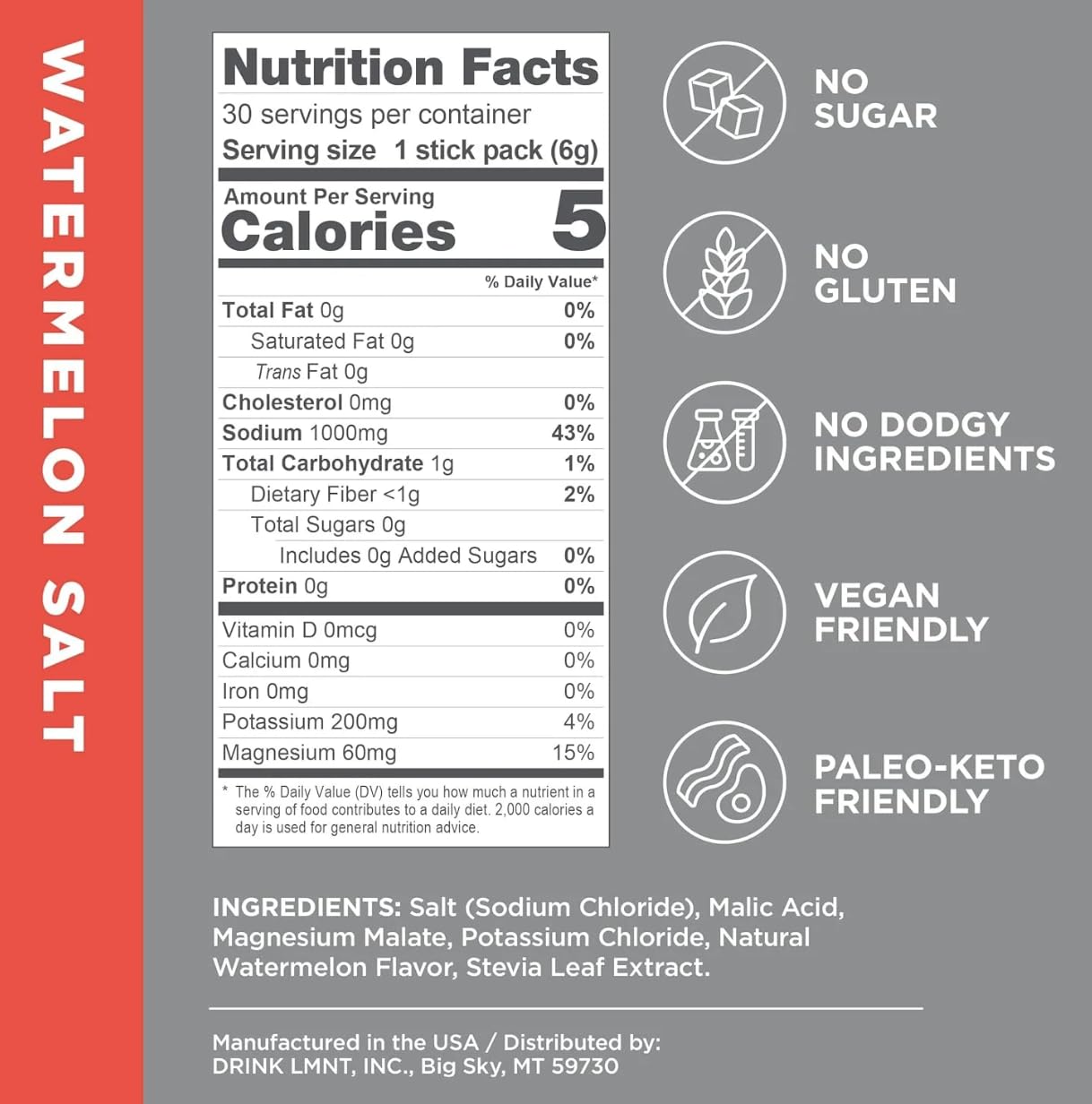 LMNT Zero Sugar Electrolytes - | Drink Mix | 30-Count (30 Count, Watermelon Salt)