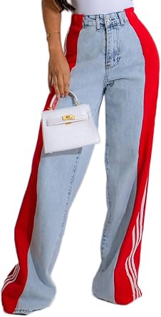 Conshvi Womens Baggy Wide Leg Jeans High Waisted Patchwork Jeans Stretchy Stripes Straight Leg Denim Pants