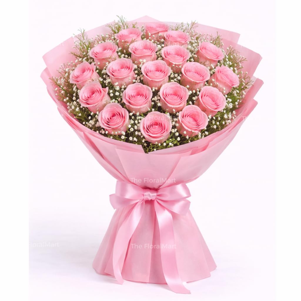 The FloralMart Fresh Flowers Bunch of 21 Pink Roses in Pink Paper Packing Hand Tied with Ribbons with Seasonal Fillers, for Birthday Gift, Anniversary Gift, Valentines Gift, (Same Day Delivery)-picture-19