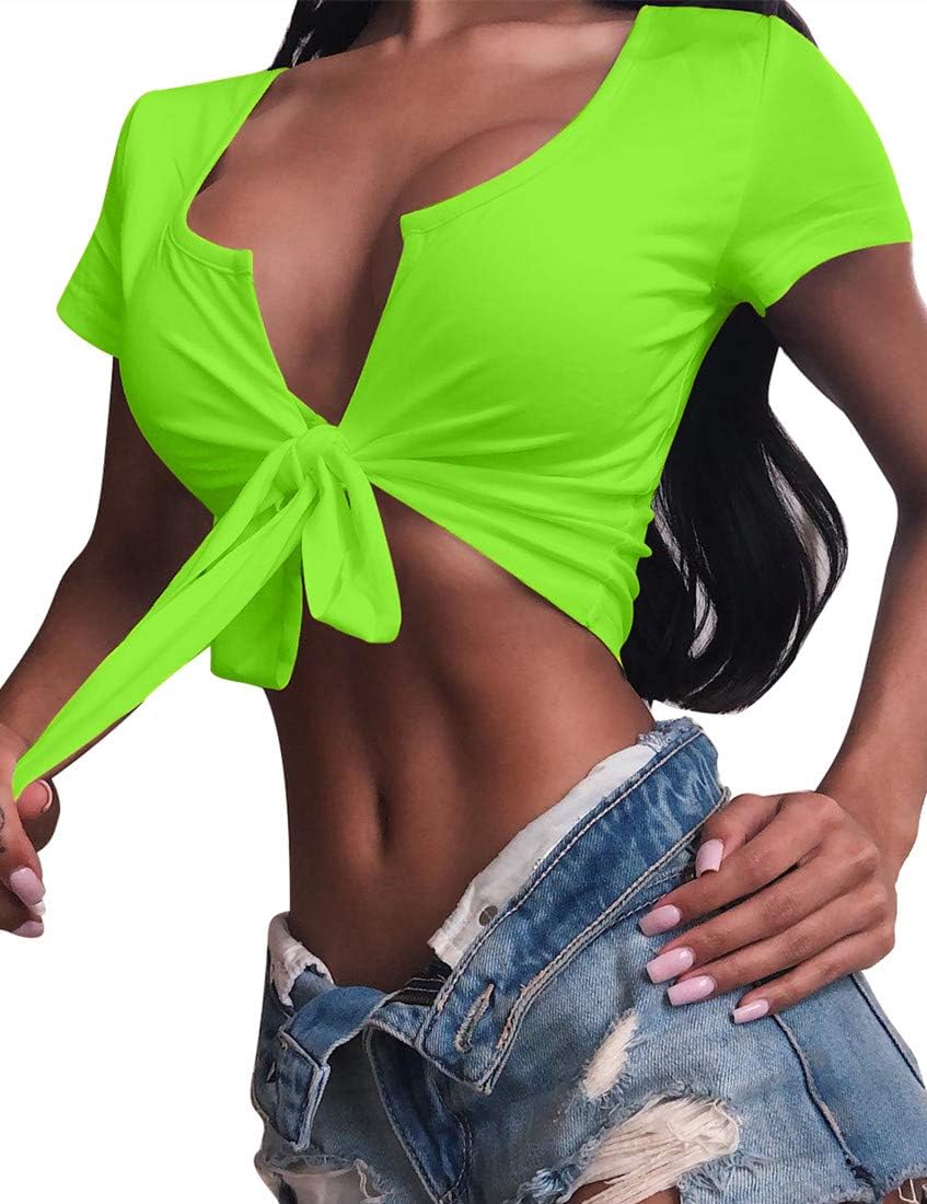 BORIFLORS Women's Sexy Tie Up Crop Top Short Sleeve Deep V Neck Casual Basic T Shirt - Image 4