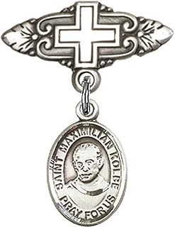 Sterling Silver Baby Badge with St. Maximilian Kolbe Charm and Badge Pin with Cross 1 X 3/4 inches