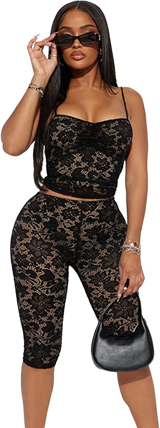 Mandonce Sexy Outfits For Women Pants Sets Lace Sleeveless Camisole Tops Match Skinny Lace Capri Pants Clubwear Medium