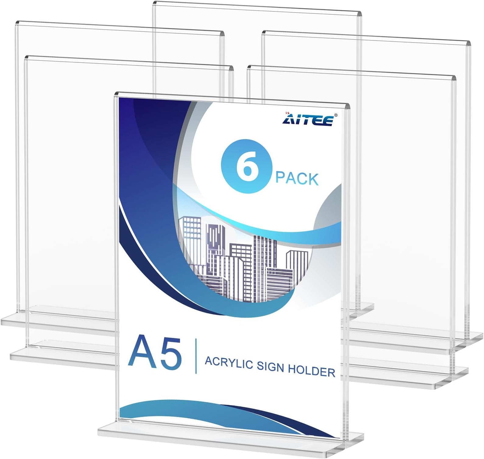 AITEE A5 Acrylic Sign Holder: 6 Pack Perspex A5 Menu Holder T-Shaped Double-Side Display Stand for Poster Restaurants Office Hotels Stores