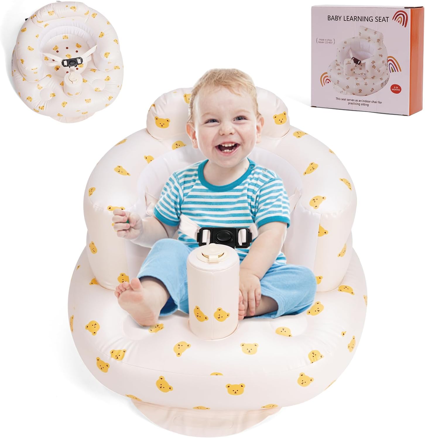Upgraded Inflatable Baby Seat 3 Months and Up, Inflatable Baby Chair with 3-Point Harness, Blow Up Newborn Chair with Built in Air Pump (Bearhead)