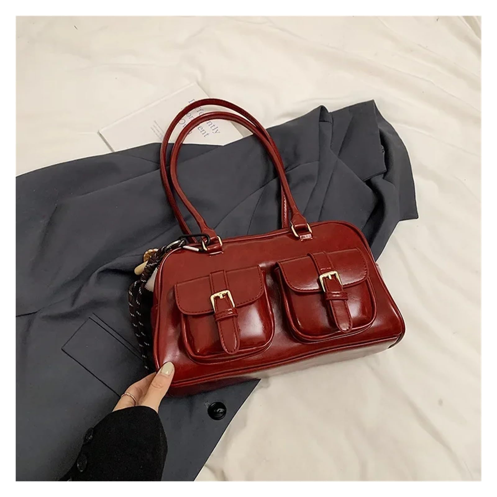 Bolso bandolera Retro Leather Pillow Bag Women's Commuter Bowling Handbag Shoulder Polyester Fiber Internal Structure