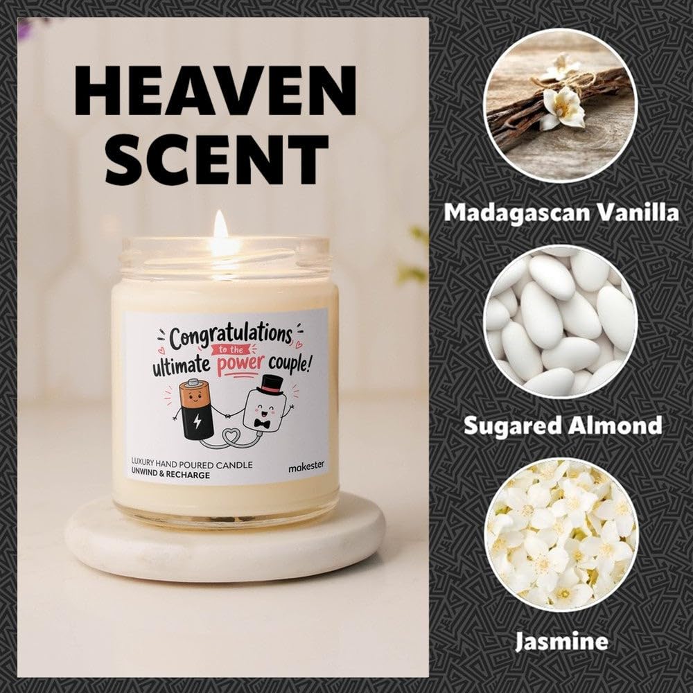 Wedding Gift for A Couple - Luxury Soy Wax Candle - Vanilla, Jasmine, Sugared Almond - Makester, White - Image 7
