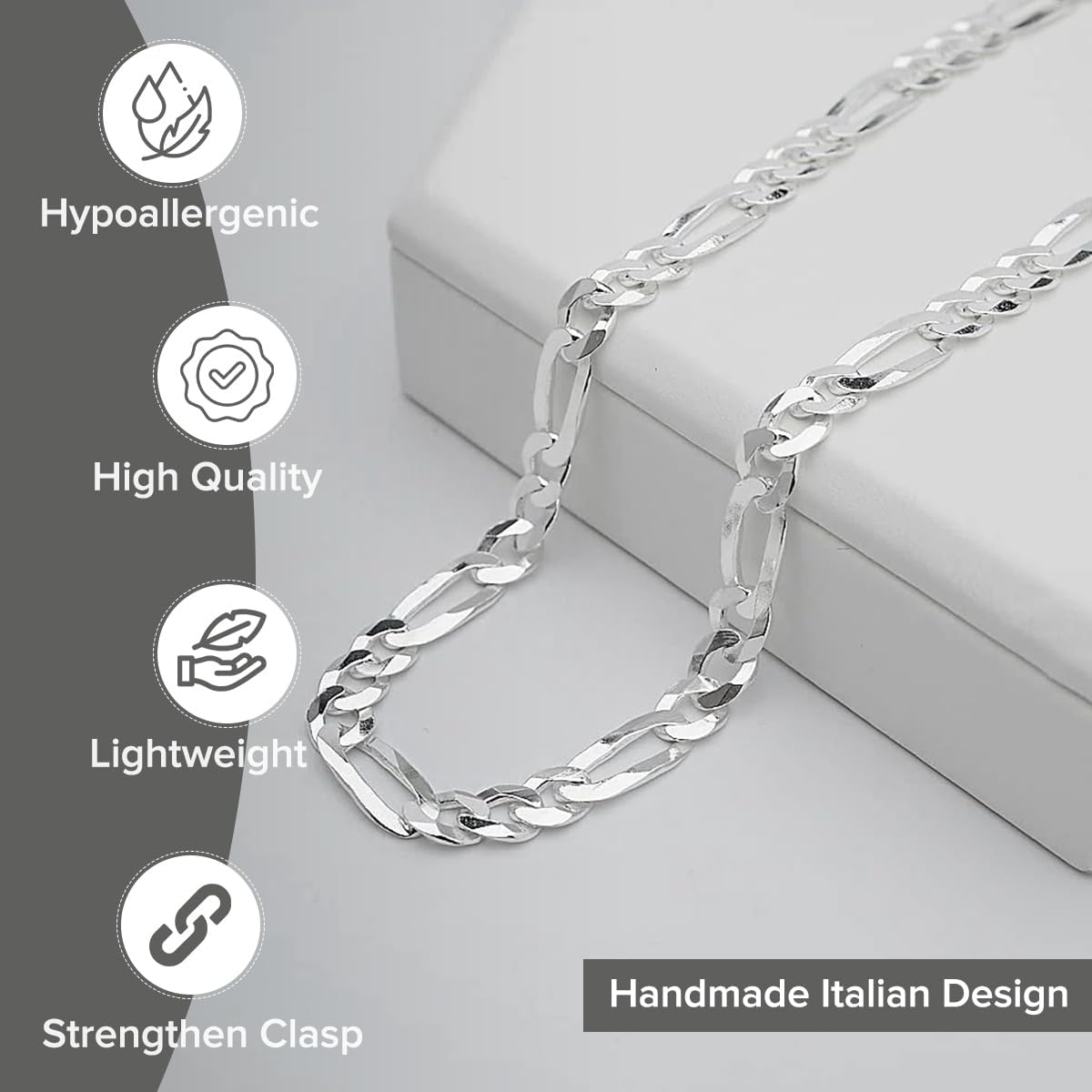 Figaro 925 Sterling Silver Chain for Men - Handmade Italian Design, Hypoallergenic, Secure Lobster Clasp - Stylish, Durable Necklace & Bracelet Chains for Everyday & Special Occasions - Gift Idea