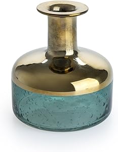 Black Velvet Studio Jarrón Vidrio Decorativo Color Verde Dorado Cristal – Florero Moderno Vintage para Hogar Oficina Sala Mesa Grabado Dimensiones Pequeñas Modelo Glam 10x10x10 cm.