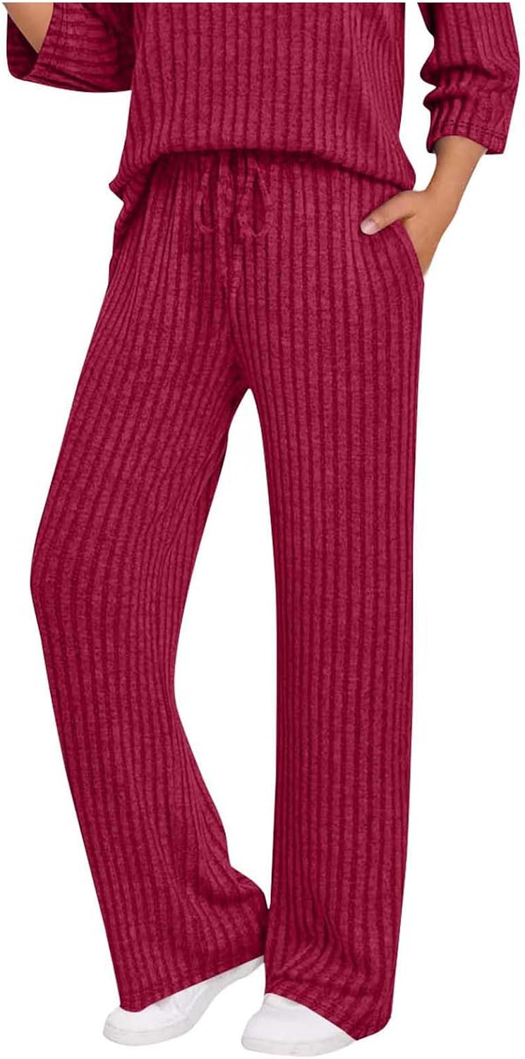 Womens Ribbed Knit Lounge Pants Elastic High Waist Loose Wide Leg Drawstring Pant Fall Comfy Solid Color Trousers