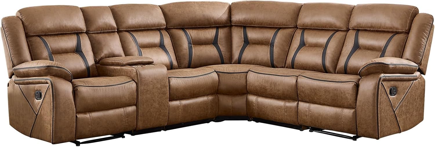 EBELLO Faux Leather Reclining Sectional Sofa Set for Living Room, 1 Recliner Chair and L-Shaped Reclining Couches Home Furniture Set with Center Console, Hidden Cup Holders and Storage, Brown view 8